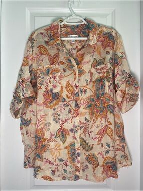 Croft & Barrow Light Cream Floral Button-Front Women's Shirt Size 3X